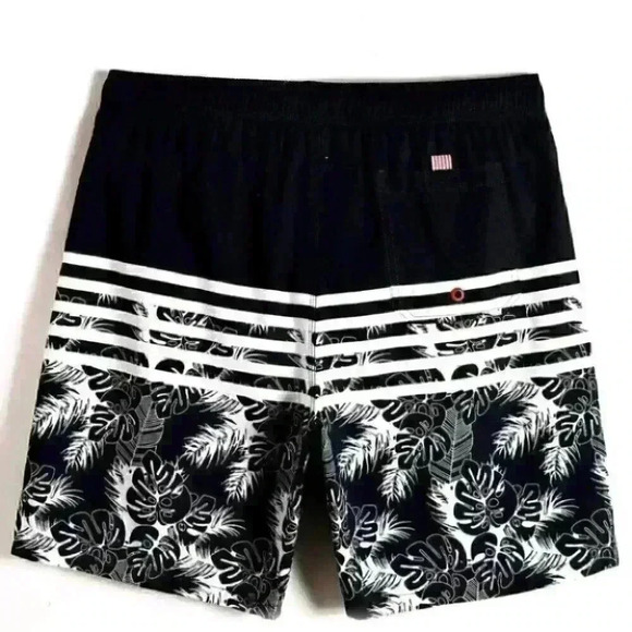Black Vacation Style Men's Tropical Striped Print Swim Trunks - Picture 2 of 4